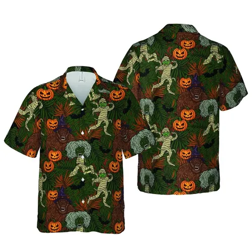 Scary Bigfoot Mummy Witch Hat Tropical Foliage Jack-O-Lantern Bat Edge-to-Edge Design Short-sleeve Hawaiian Shirt