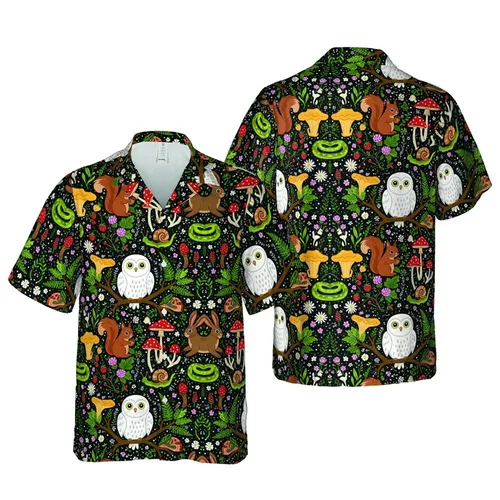 Hawaiian Woodland Owls Squirrels Rabbits Botanical Toadstool Fern Pattern Black Green White Short-sleeve Hawaiian Shirt