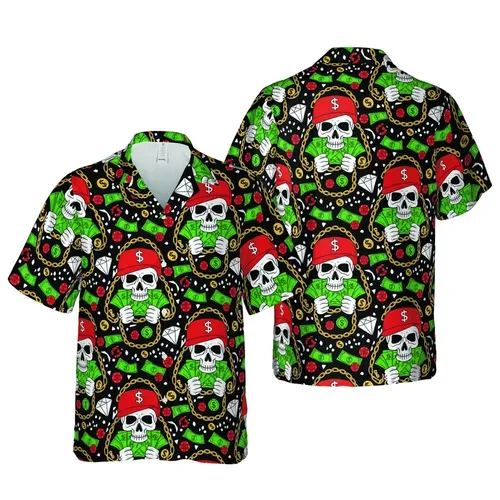 Hawaiian Cartoon Skull Pattern: Dollar Cap, Gold Chains, Cash Bills, Chips Short-sleeve Hawaiian Shirt