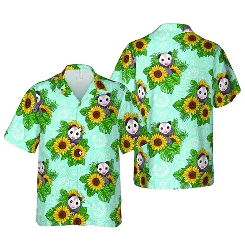 Hawaiian Opossum Yellow Sunflowers Blue Water Fabric Pattern Edge-to-Edge Short-sleeve Hawaiian Shirt