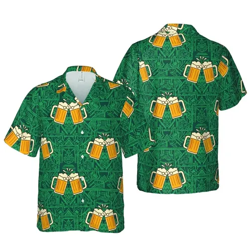Beer Enthusiast Clinking Mugs Golden Froth Dark Brown Teal Botanical Mosaic Short-sleeve Hawaiian Shirt