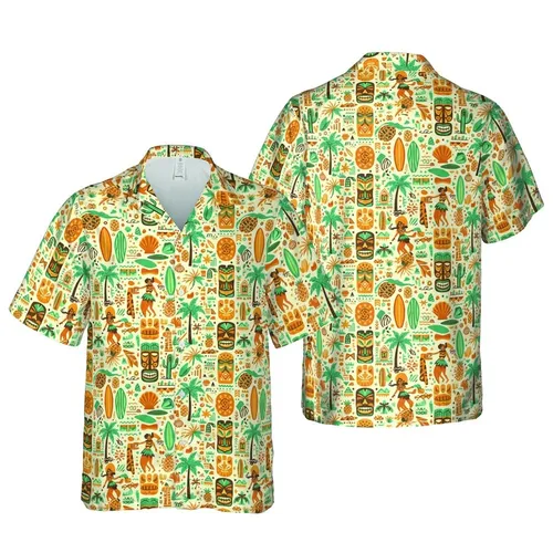 Pale Cream Burnt Orange Teal Tiki Hula Surfer Seamless Hawaiian Textile Print Short-sleeve Hawaiian Shirt