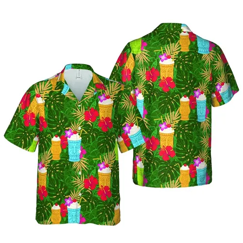 Hawaiian Tropical Tiki Cocktails Monstera Palm Leaves Hibiscus Full Coverage Short-sleeve Hawaiian Shirt