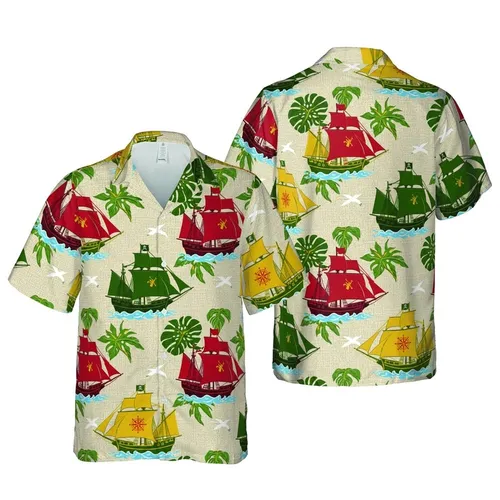 Hawaiian Pattern Galleon Pirate Ships, Skull Crossbones, Compass Rose, Seagulls Short-sleeve Hawaiian Shirt