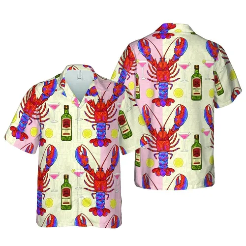 Hawaiian Iridescent Lobster Design: Pink Cocktail, Orange-Red Shells, Liquor Bottles Short-sleeve Hawaiian Shirt