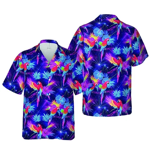 Neon Macaw Parrot Glowing Hibiscus Celestial Laser Grid Deep Indigo Violet Night Scene Short-sleeve Hawaiian Shirt