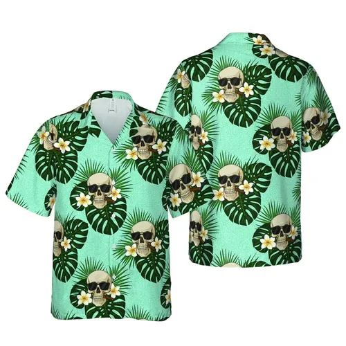 Skull, Sunglasses & Cigar Pattern with Monstera, Palm Leaves, Plumeria, Teal Mosaic Short-sleeve Hawaiian Shirt