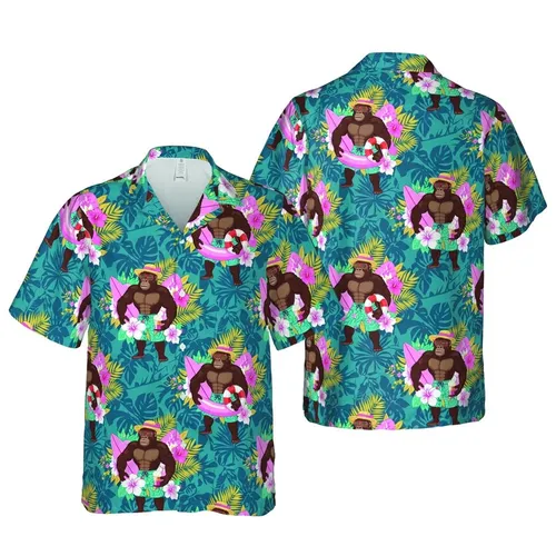Summer Adventurer: Muscular Cartoon Gorilla Hawaiian Beach Pink Hibiscus Teal Botanical Short-sleeve Hawaiian Shirt