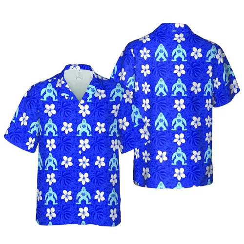 Bigfoot Hawaiian Fabric Print: Cartoony Blue Bigfoot, White Plumeria, Monstera Mosaic Short-sleeve Hawaiian Shirt