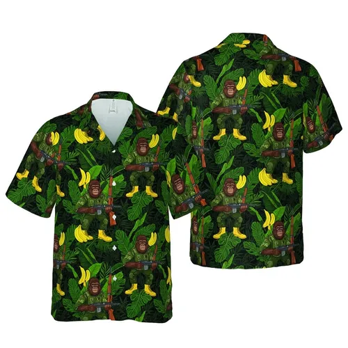 Militarized Jungle Gorillas: Combat Gear, Bananas, Rifles, Dense Foliage Layout Short-sleeve Hawaiian Shirt