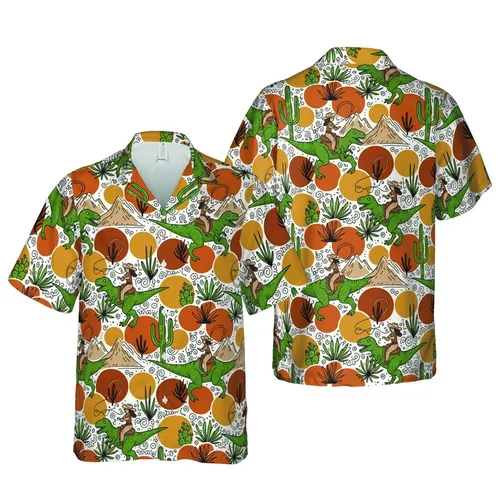 Cowgirl T-Rex Riders Galloping Lasso Green T-Rex Desert Cactus Orange Sun Artwork Short-sleeve Hawaiian Shirt