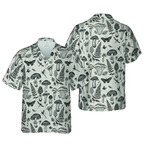 High Contrast Diverse Fungi & Fern: Morel Mushroom, Butterfly Hawaiian Textile Short-sleeve Hawaiian Shirt