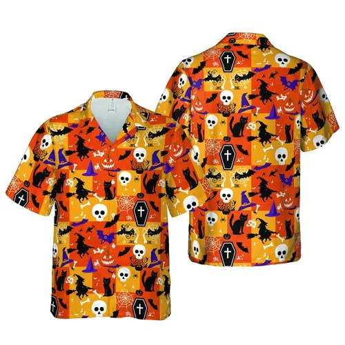 Halloween Witches Cats Skulls Bats Spiders Coffins Checkerboard Sublimation Tile Short-sleeve Hawaiian Shirt
