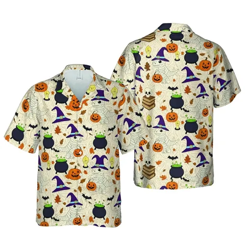 Mummy T-Rex Witch Hat Halloween Pattern: Hawaiian Skull Jack-O'-Lantern Beige Design Short-sleeve Hawaiian Shirt