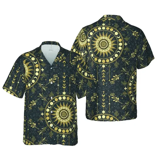 Seamless Hawaiian Celestial Mandala Sun Moon Botanical Motif Gold Brass Cream Grey Short-sleeve Hawaiian Shirt