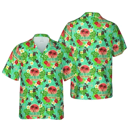Hawaii Vacation Emblem Teal Blue Palm Setting Sun Hibiscus Plumeria Monstera Leaf Wave Mosaic Short-sleeve Hawaiian Shirt