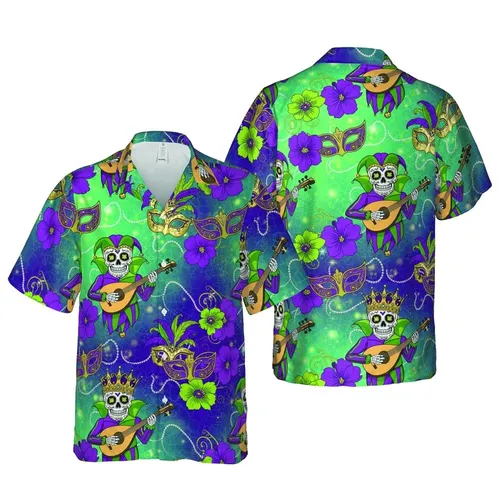 Mardi Gras Skulls: Jester, Crowned Skulls, Lute, Tropical Flowers, Teal Green Purple Bokeh Short-sleeve Hawaiian Shirt