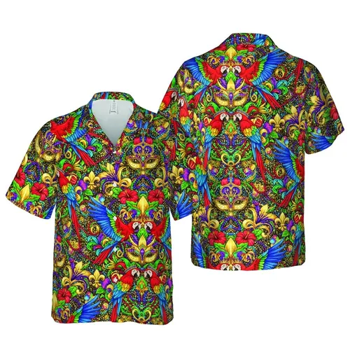 Macaw Jester Crown Masquerade Mask Golden Fleur-de-lis Glitter Red Blue Green Purple Pattern Short-sleeve Hawaiian Shirt