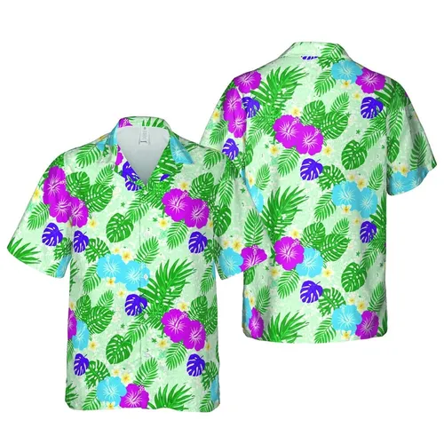 Hawaiian Hibiscus Fuchsia Blue Purple Floral Green Monstera Star Motif Short-sleeve Hawaiian Shirt