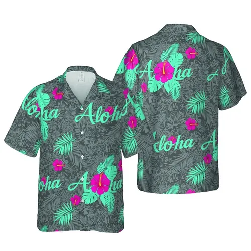 Hot Pink Hibiscus Aloha: Teal Script, Charcoal Tropical Leaves, Hawaiian Waves Short-sleeve Hawaiian Shirt