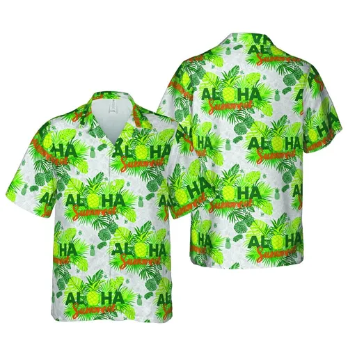 ALOHA Summer Green Pineapple Orange Script Palm Leaf Wave Pattern Detail Short-sleeve Hawaiian Shirt
