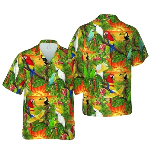 Seamless Hawaiian Tropical Bird Pattern Macaws Toucans Parrots Ocean Sunset Sky 8k Resolution Short-sleeve Hawaiian Shirt