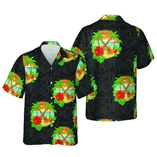 Ukulele Hawaiian Tropical Beach Fruit Palm Sunset Ocean Silhouette Mosaic Print Short-sleeve Hawaiian Shirt