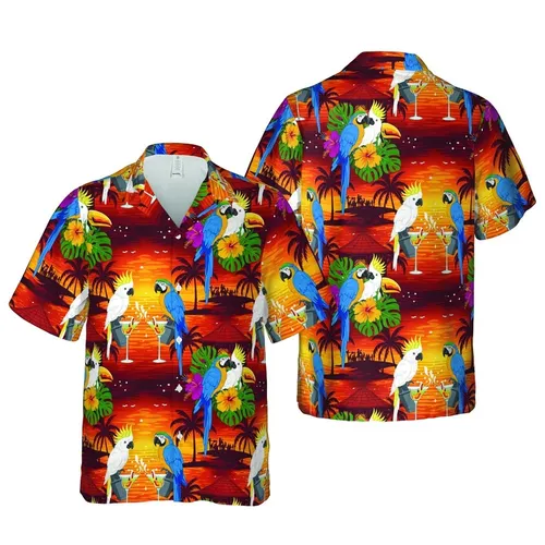 Blue Yellow Macaw Cockatoo Toucan Cocktail Glass Palm Gradient Hawaiian Print Short-sleeve Hawaiian Shirt