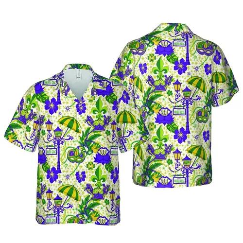 Mardi Gras Hawaiian Print: Purple Green Gold Fleur-de-lis Crowns Masks Lamps & Beads Short-sleeve Hawaiian Shirt