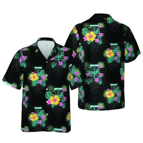 Disc Golf Hawaiian: Black Tropical Basket, Root, Hibiscus & Monstera Fabric Pattern Short-sleeve Hawaiian Shirt