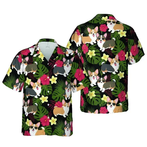 Tri-Color Sable Corgi Hawaiian Pattern: Tropical Flowers, Black Botanical Leaves Design Short-sleeve Hawaiian Shirt