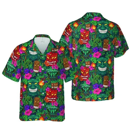 Teal Blue-Green Tiki Masks Flaming Torches Tropical Jungle Pink Hibiscus Aloha Short-sleeve Hawaiian Shirt