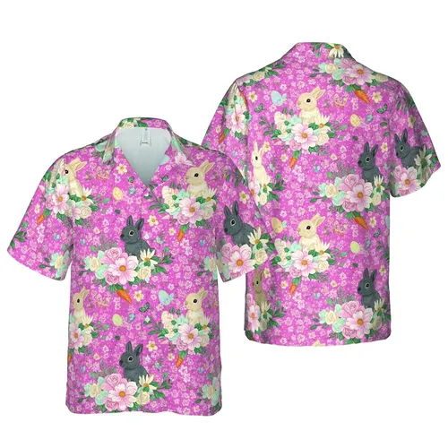 Baby Bunny Hawaiian Rosy Pink Floral Pastel Roses Daisies Carrots Eggs Design Short-sleeve Hawaiian Shirt