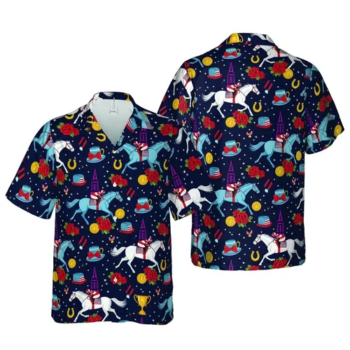 Derby Race Day Tropical: Light Blue Horses, Red Roses, Navy Star Mosaic Short-sleeve Hawaiian Shirt