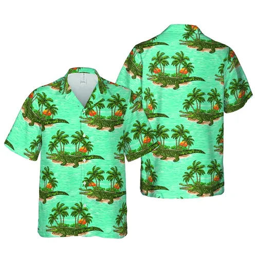 Green Alligator Crocodile Seamless Sandy Island Blue Water Palm Tree Sublimation Print Short-sleeve Hawaiian Shirt