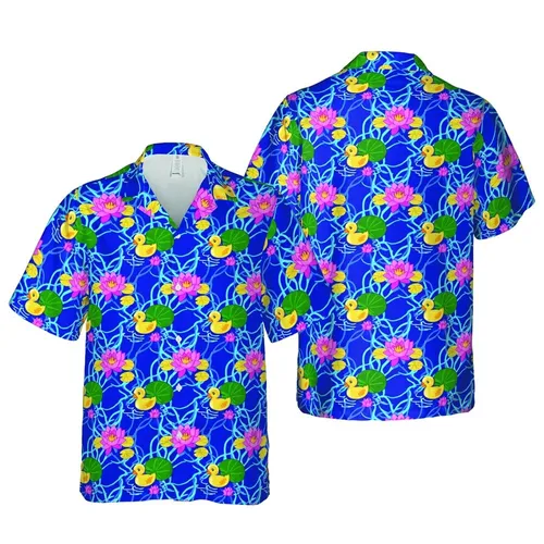 Seamless Hawaiian Pattern: Yellow Ducklings, Pink Water Lilies, Green Pads, Blue Ripples Short-sleeve Hawaiian Shirt