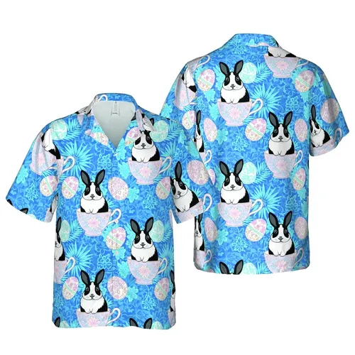 Dutch Rabbit Fan Hawaiian Pattern: Ornate Teacup & Floral Egg Design, Cerulean Aqua Short-sleeve Hawaiian Shirt