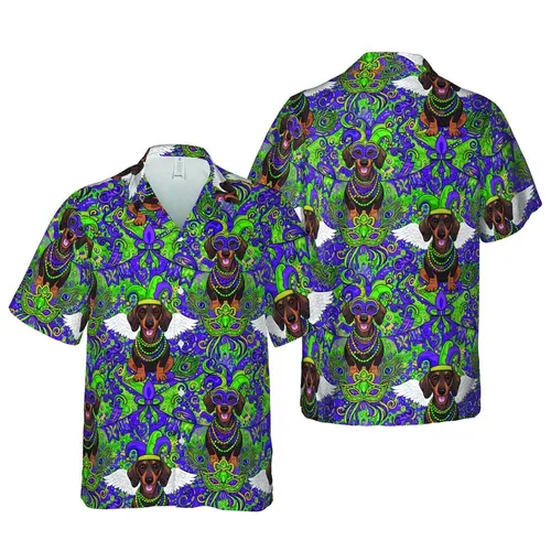 Tropical Mardi Gras Dachshunds: Jester Hats, Masks, Fleur-de-Lis Purple Green Gold Short-sleeve Hawaiian Shirt