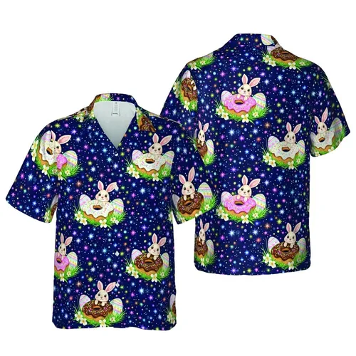 Watercolor Bunnies Pink Chocolate Donuts Striped Easter Eggs Tropical Midnight Blue Stars Short-sleeve Hawaiian Shirt