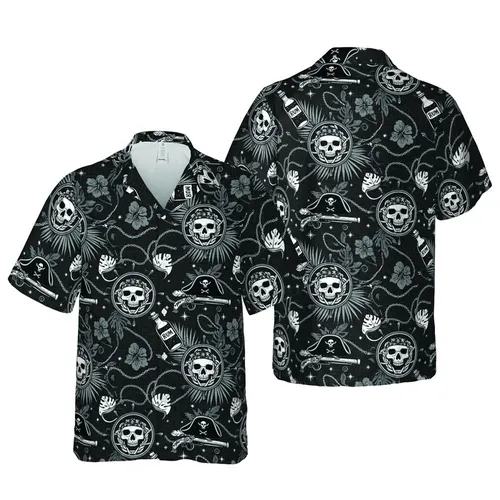 Pirate Skulls Hawaiian Pattern: Ship Wheels, Rum Bottles, Charcoal Texture Short-sleeve Hawaiian Shirt