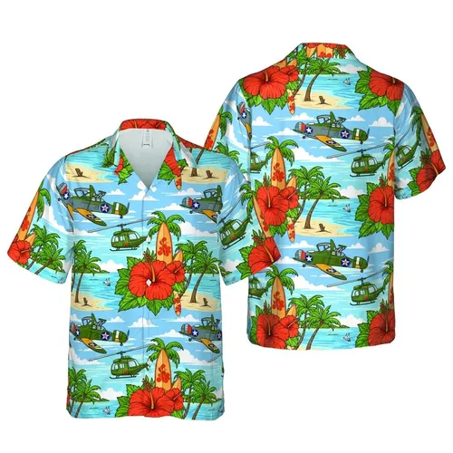 Military Aviation Tropical Island Pattern: Propeller Planes, Helicopters, Hibiscus Short-sleeve Hawaiian Shirt