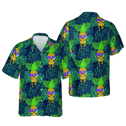 Golden Pineapple Skull, Purple-Pink Sunglasses, Dark Teal Monstera, Green Palm Fronds Short-sleeve Hawaiian Shirt