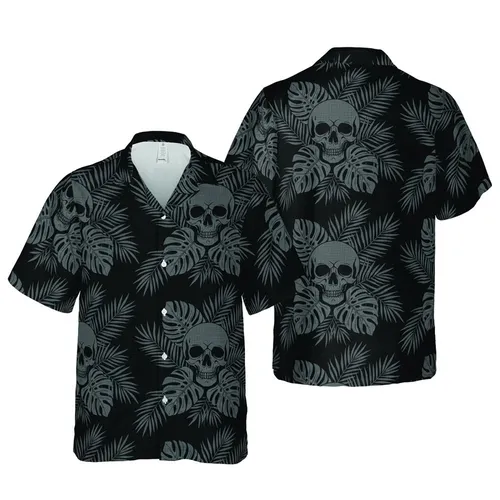 Seamless Hawaiian Motif: Ash Gray Skull Arrangement, Dark Charcoal Tropical Foliage Short-sleeve Hawaiian Shirt