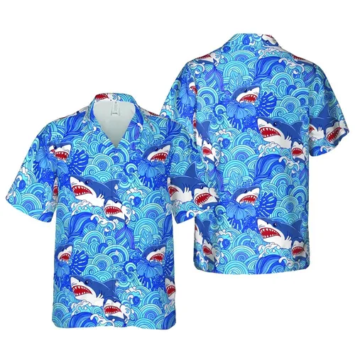 Blue White Red Great White Shark Breaching Mermaid Tail Concentric Wave Pattern Short-sleeve Hawaiian Shirt