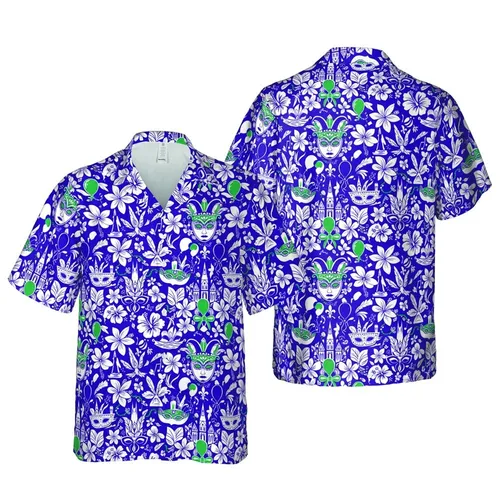 Mardi Gras Hawaiian Purple Green Gold Pattern: Masks Crowns Fleur-de-Lis Riverboats Beads Design Short-sleeve Hawaiian Shirt
