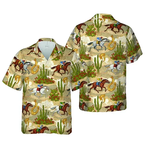 Galloping Racehorses Golden Horseshoes Saguaro Cactus Desert Fabric Print Short-sleeve Hawaiian Shirt