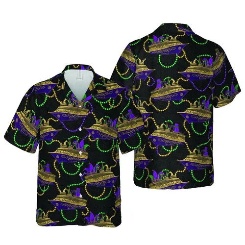 Mardi Gras Cruise Hawaiian Pattern: Stylized Ships, Gold Crowns, Green Purple Yellow Beads Fabric Design Short-sleeve Hawaiian Shirt