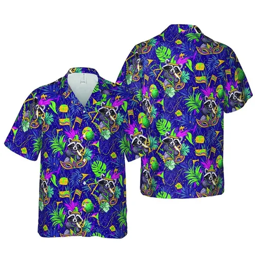 Raccoon Mardi Gras Celebration: Hawaiian Pattern, Feathered Masks, Gold Beads, Fleur-de-lis Short-sleeve Hawaiian Shirt