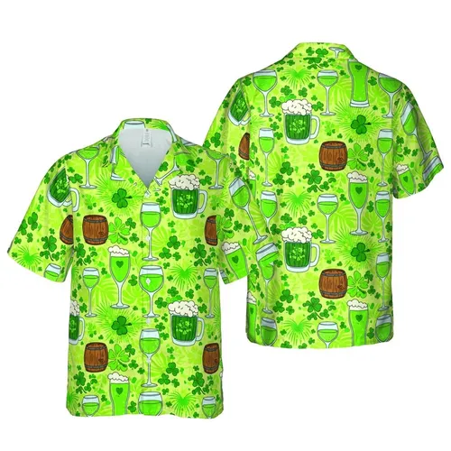 Hawaiian Green Beverage Pint Glass Cocktail Shamrock Barrel Fabric Design Short-sleeve Hawaiian Shirt