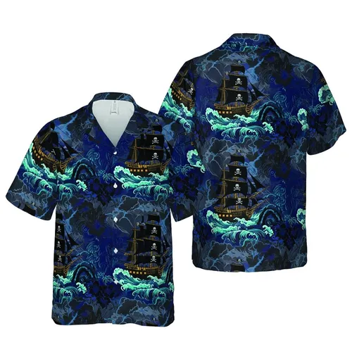 Three-Masted Pirate Ship Crashing Waves Indigo Seascape Turbulent Ocean Design Short-sleeve Hawaiian Shirt